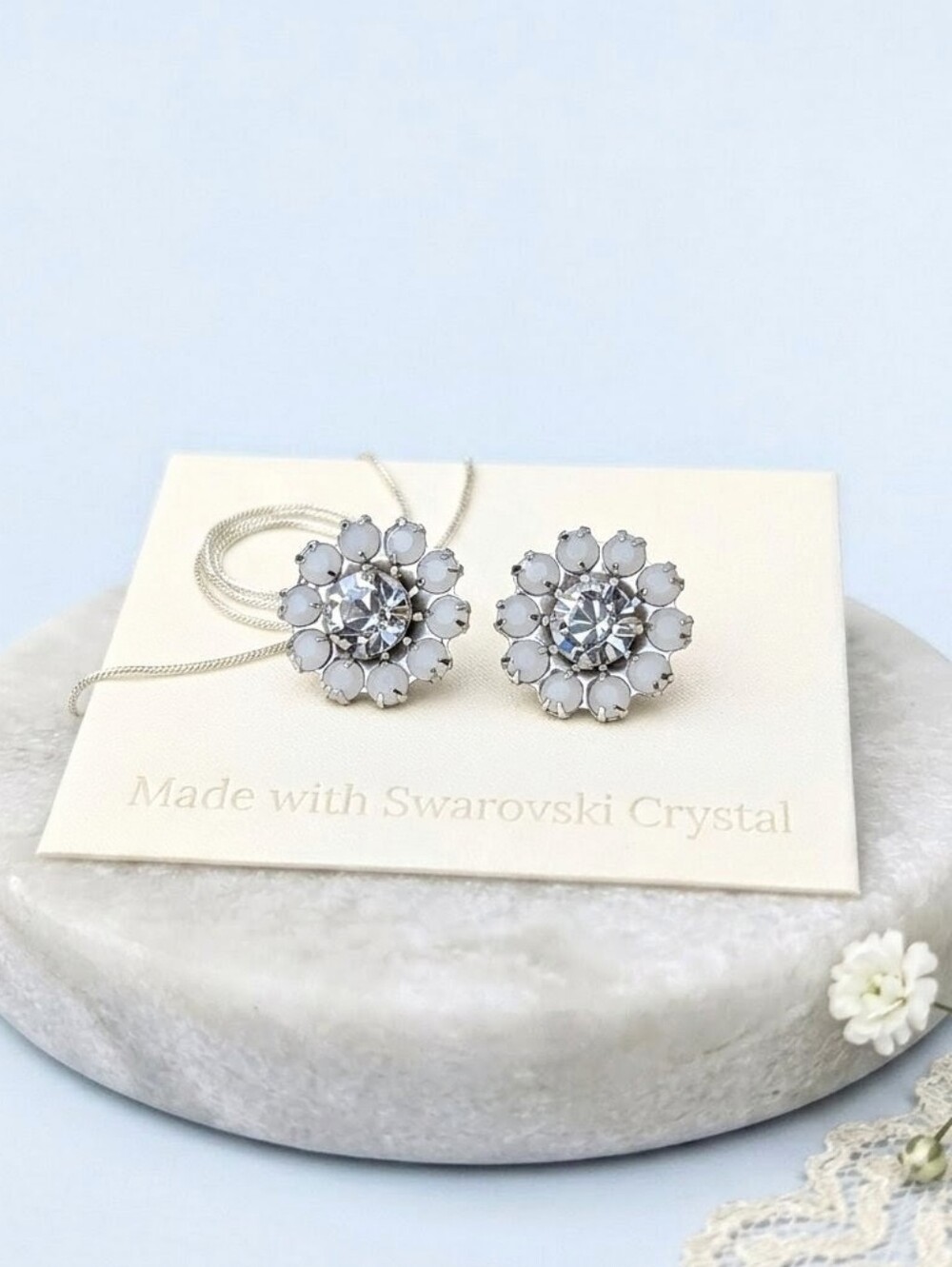 Vintage 90s Swarovski Opal & Crystal Floral Stud Earrings • 925 Silver Overlay